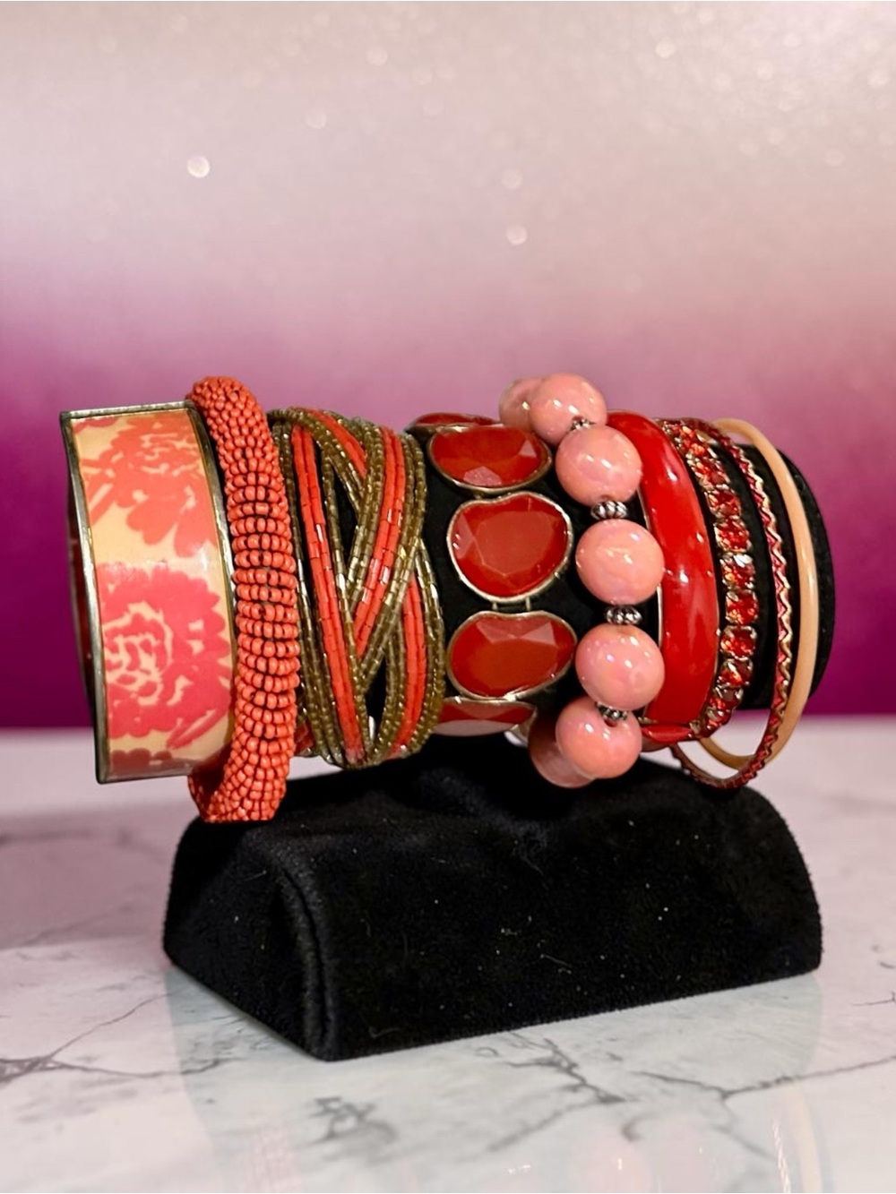 Boho Beaded Stackable Bracelet Set Red Coral Pink Floral Cuff Bangle Lot - Picture 4 of 8